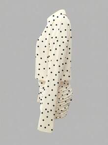 Cévolie Robe mini mode 2026 pour femmes à imprimé à pois, épaules tombantes, manches longues et plissée - Nude - Voir 3