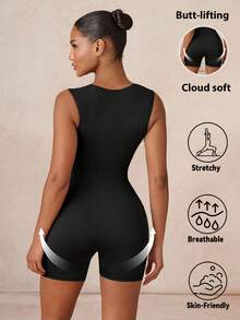1pc Lumalex Comfortable Fabric & Fashionable Design Sexy Minimalist Solid Color Wide Strap Jumpsuit, Specially Made For Women, Suitable For Airport Outfits And Gym Workouts, Slim-Fit Style To Showcase Female Physique, Ideal Choice For Women's Gym Exercises - Black - View 3