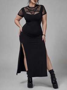 ROMWE Goth Summer Outfits Summer Fashion Mesh Patchwork Short Sleeve Fitted Plus Size Women Dress - Black - View 1