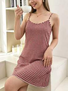 SHEIN 女士舒适休闲格子圆领吊带睡裙，夏季 - 紅色 - 查看 4