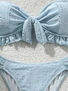 Swim Vcay Spring/Summer Solid Color Shoulder Strap Jacquard Fabric Non-Wired Bow Decor Cute Beach Vacation Swimsuit Set - Baby Blue - View 6