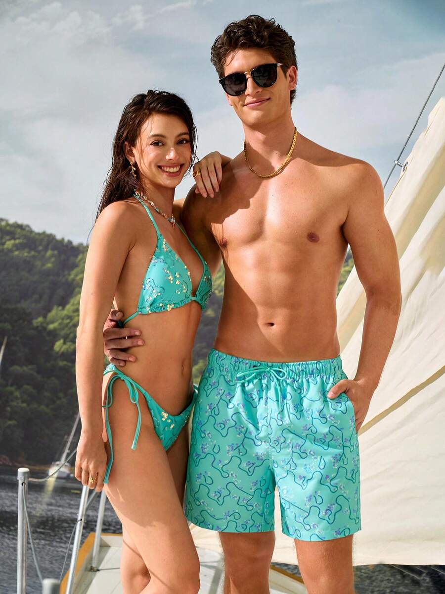 Manfinity VDAYZ 男士度假休閒印花抽繩沙灘褲 - 綠色 - 查看 1