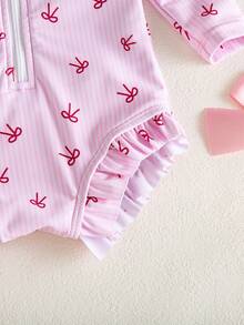 SHEIN Newborn Baby Bow Print Raglan Long Sleeve Zipper Front Casual One-Piece Swimsuit - Pink - View 4