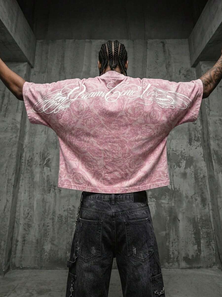 Manfinity ZONE917 Men Boxy Cropped Casual Fashion Distressed Pink Rose Pattern Script English Text Pink Short Print Batwing Sleeve T-Shirt (High Quality), Holiday - Multicolor - View 1
