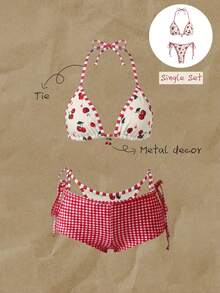 Elavelle Women's Random Cherry Print Halter Bikini Set, Spring/Summer - Multicolor - View 1