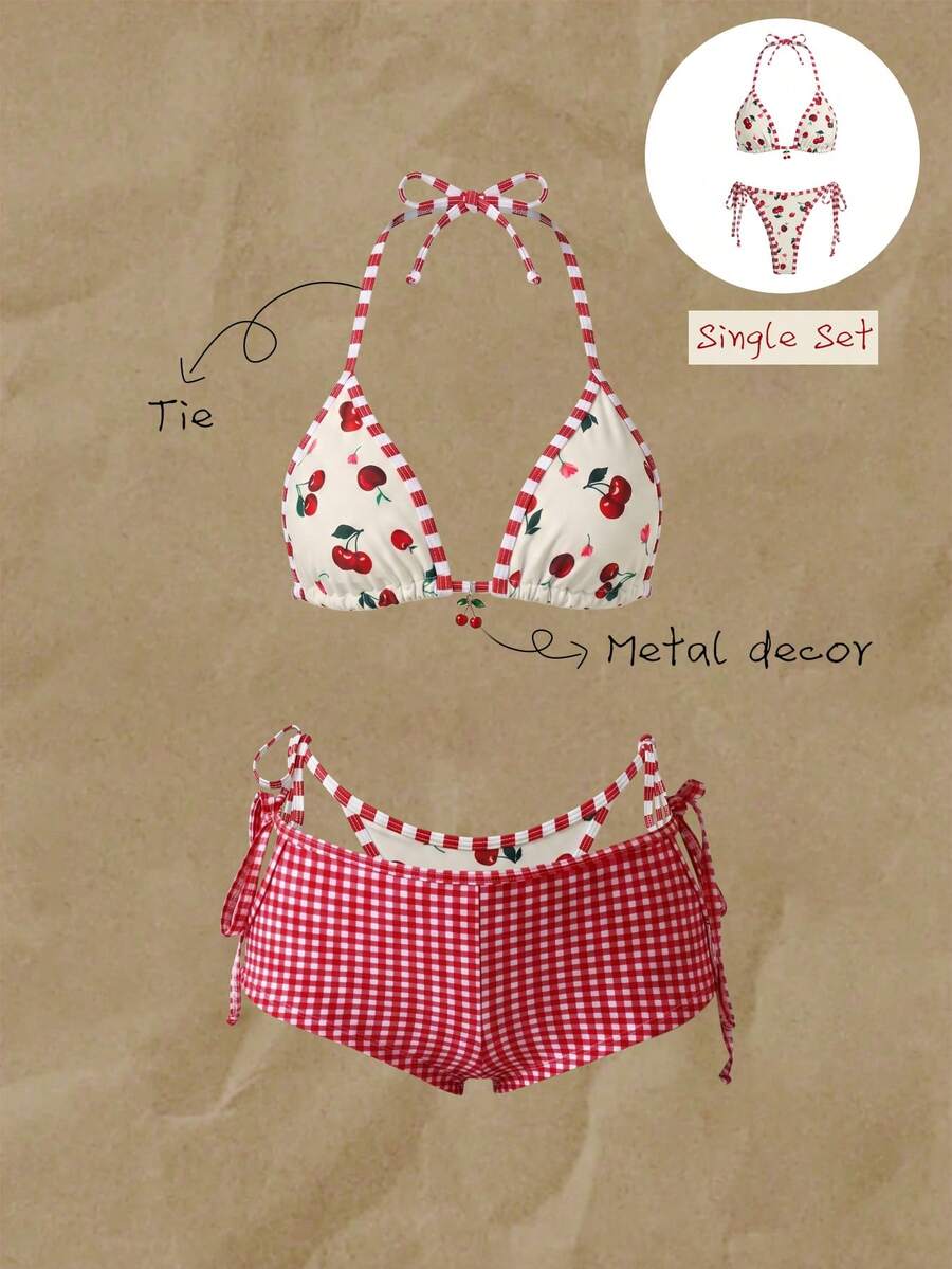 Elavelle Women's Random Cherry Print Halter Bikini Set, Spring/Summer - Multicolor - View 1