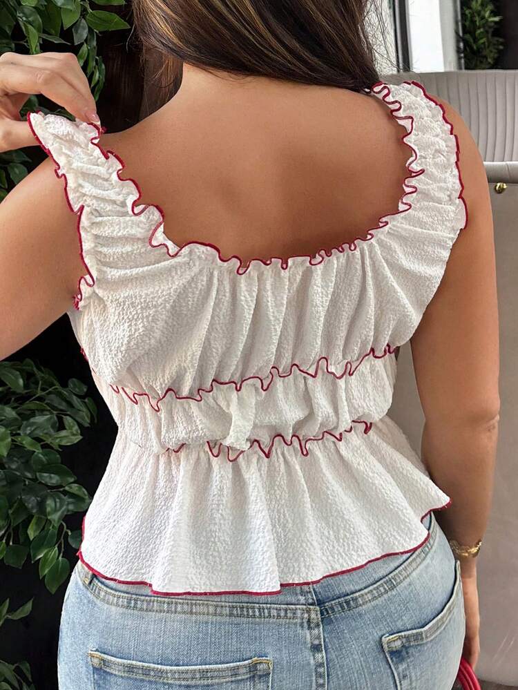 Dazy Plus Chiffon Colorblock Patchwork Waist-Cinching Square Neck Sexy Hot Girl Top Women Spring Summer Apricot Camisole And Tank Top