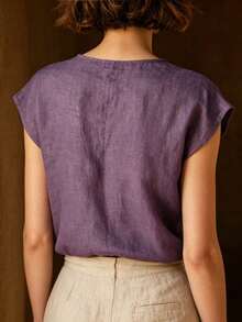 EMERY ROSE Summer Women's Fashion Linen Shoulder Sleeve Solid Color Blouse - Purple - View 2