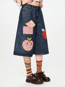 Sweetness Handmade Girls Apple Embroidery Button Decor Low Waist Denim Shorts Women's Jeans - Medium Wash - View 11