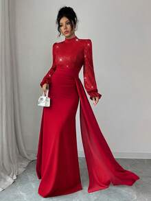SHEIN Elenzya Robe de soirée élégante et glamour pour femme avec sequins, pour invitée de mariage, cocktail, Nouvel An et Noël, à manches longues, taille cintrée, évasée et fluide - Rouge - Voir 6