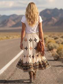 LanaWest Women's Summer Vintage Boho Floral Pattern West Casual Skirt Vacation Beige - Multicolor - View 2
