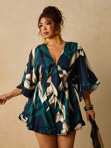 Travachic Plus Size Holiday Solid Color Batwing Sleeve, Ruffle Hem, Tie Waist Jumpsuit Fall - Multicolor - View 3