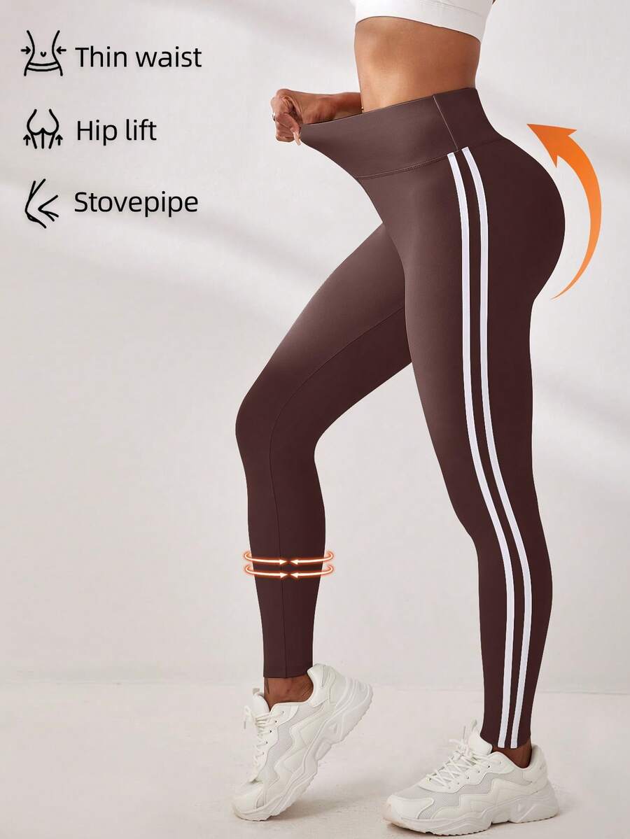 SHEIN Sovereign Charm Contrast Color Striped High Waist Sports Leggings - Brown - View 1