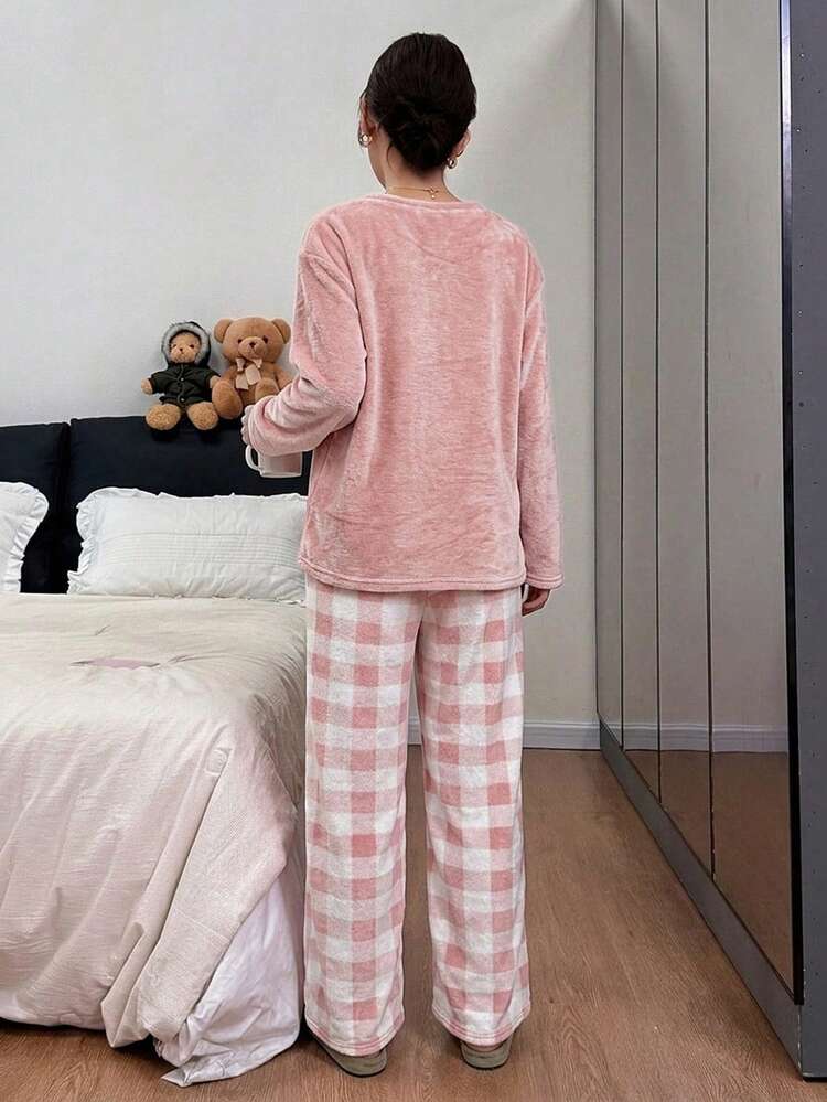 Women's Solid Color Round Neck Long Sleeve Top And Plaid Long Pants Pajama Set