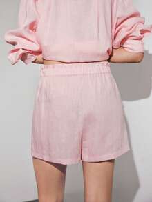 MOTF PREMIUM WOMEN'S SUMMER MINIMALIST SOLID COLOR DRAWSTRING PAPER BAG WAIST LOOSE LIGHTWEIGHT SHORTS - Baby Pink - View 7