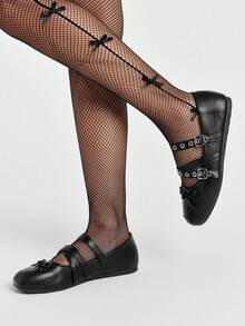 ROMWE Goth Scarpe da donna con suola piatta, chiuse, Mary Jane, in pelle piccola, nere, slip-on, mocassini, suola morbida, scarpe da uniforme giapponese JK, punta quadrata, fiocco, scarpe da ballo - Nero + pulsante. - Visualizzare 3