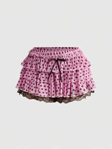 Sweetness Sweet Girl Y2K Pink Polka Dot Bow Ruffle Layered Women's Skirt - Pink - View 11