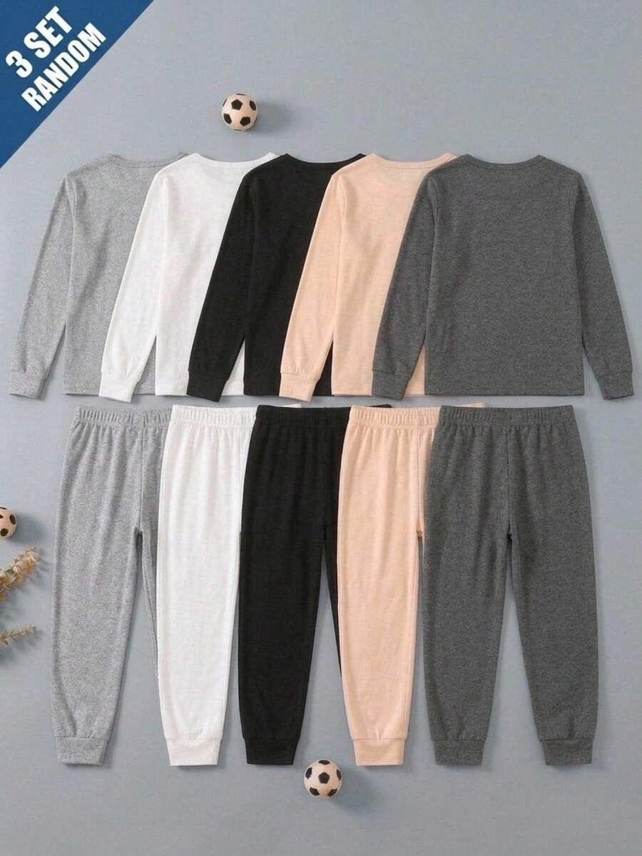 SHEIN 6件/組青少年男孩極簡舒適純色貼身家居服套裝，長袖上衣與長褲，適合春季/秋季，家庭聚會 - 彩色 - 查看 1