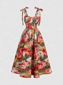 SHEIN MOD Abito midi da donna con stampa a pittura a olio, vita alta e orlo a ombrello - Multicolore - Visualizzare 3