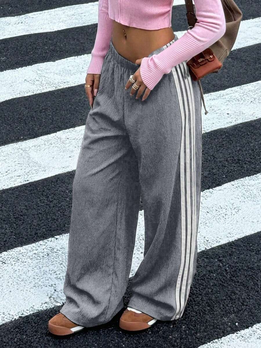 女童大童黑色對比粉色織帶寬鬆長褲 春夏季新款 酷感百搭日常街頭風 - 灰色 - 查看 1