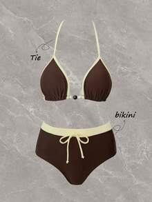 Swim Mod Spring/Summer Beach Vacation Purple & Pink Color Block Halter Neck Striped Two Pieces Bikini Swimsuit Set - Multicolor - View 3