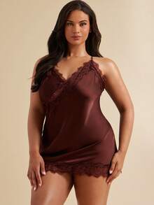 SHEIN BAE CURVE Plus Size Women's Sexy Deep V Slip Dress, Minimalist Lace Patchwork Hollow Out Alluring Nightgown - Brown - View 3