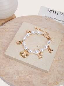 Enchnt 1pc Women's Simple And Fashionable Seashell Starfish Faux Pearl Bracelet For Daily Wear And Beach - Yellow Gold - View 1