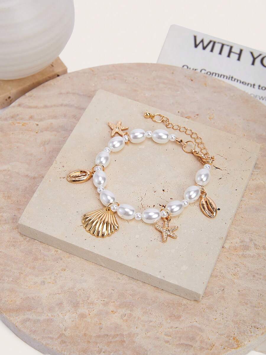 Enchnt 1pc Women's Simple And Fashionable Seashell Starfish Faux Pearl Bracelet For Daily Wear And Beach - Yellow Gold - View 1