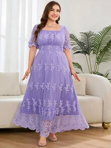 SHEIN Clasi Plus Size Summer Elegant Solid Color Lace Dress - Purple - View 8