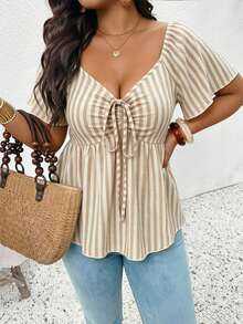 SHEIN Frenchy Plus Size Women V-Neck Short Waist Textured Brown Long Sleeve T-Shirt, Casual Versatile Tee, Ruffle Sleeve Cinching Waist Front Tie Design, Elegant Top, Commute Business Top, Brown Top Brown Top Lace - Apricot - View 6