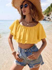SHEIN VCAY 女款素色露肩抓皺休閒百搭日常外出上衣 - 黃色 - 查看 5