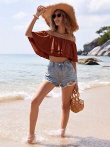 SHEIN VCAY Women's Summer Beach Vacation Style Minimalist Solid Color One-Shoulder Layered Ruffle Cropped Top,Summer Top,Brown Top - Rust Brown - View 4