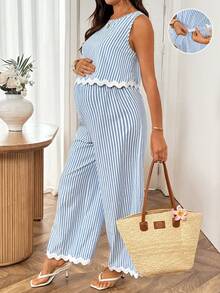 SHEIN Ensemble 2 pièces décontracté pour femme enceinte avec top rayé blocs de couleurs et pantalon long à taille ajustable pour le quotidien - Bleu et Blanc - Voir 8