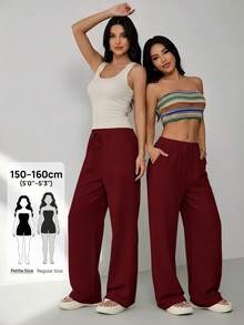 SHEIN PETITE 女款純色休閒百搭日常旅行長褲，適合嬌小女性 - 酒紅色 - 查看 6