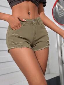 SHEIN PETITE 女款口袋磨損毛邊休閒牛仔短褲，適合嬌小女性 - 軍綠色 - 查看 5