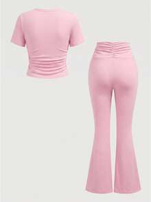 Kids Teen Girl Spring/Summer New Pink Ruched Design Short Sleeve Round Neck T-Shirt + Waist Ruched Flare Long Pants 2pcs Set, Suitable For Daily Outings, School Wear, Basic Long Pants Set - Pink - View 2