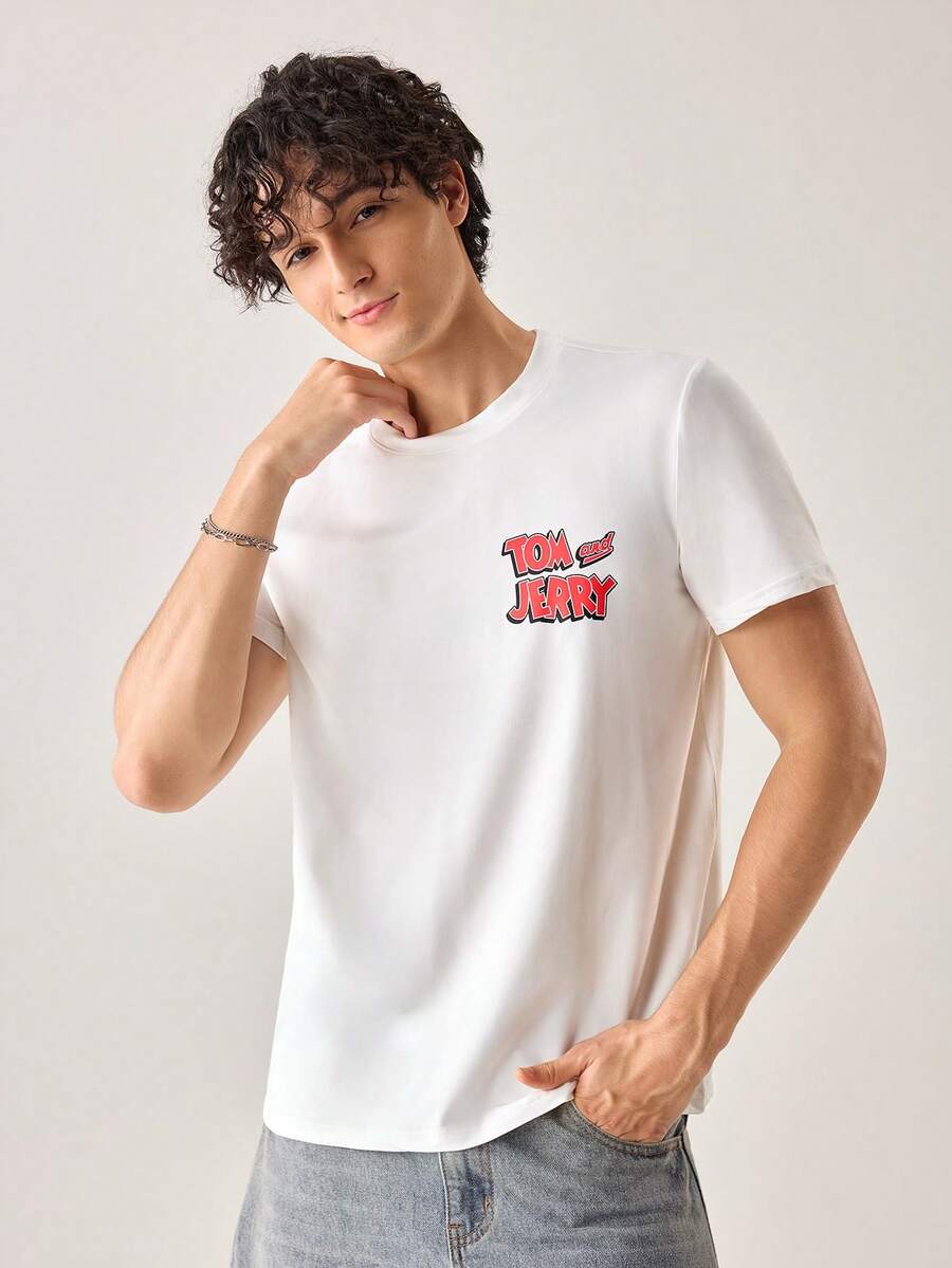 Strevion Men's Minimalist Tom & Jerry Basketball Dream Graphic Print Round Neck Short Sleeve T-Shirt, Summer - White - View 1