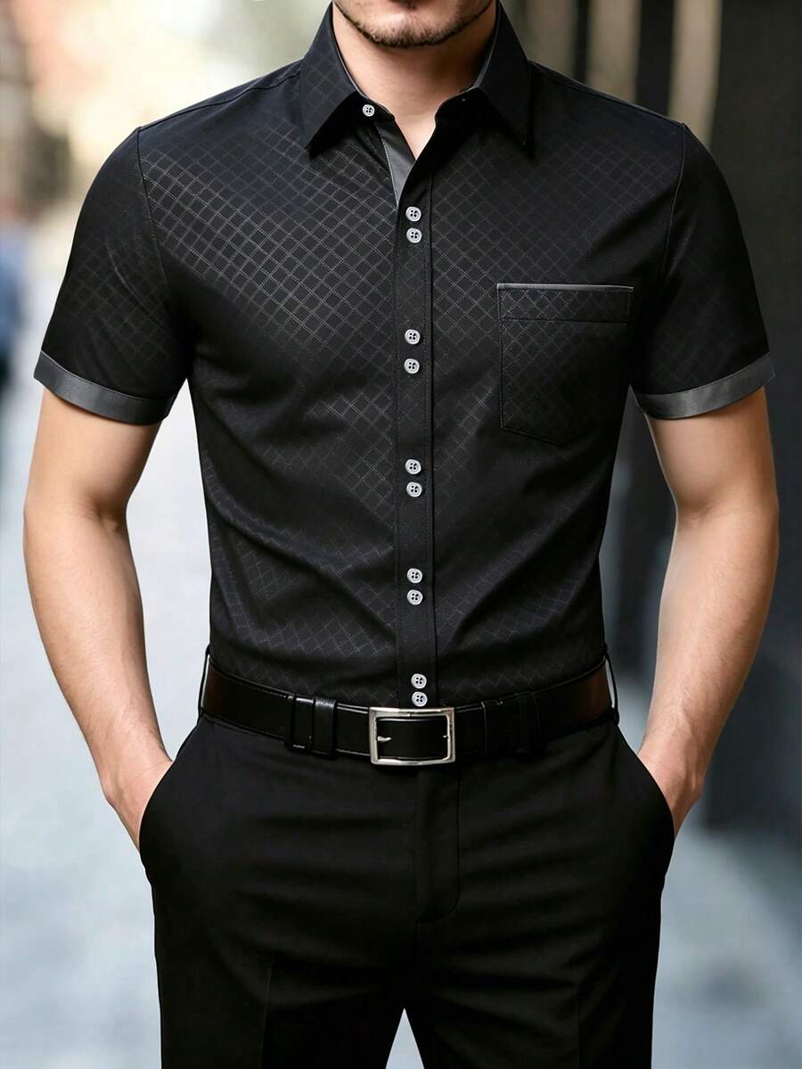 Manfinity Bizformal 男士夏季卷领前开襟短袖休闲衬衫 - 黑色 - 查看 1