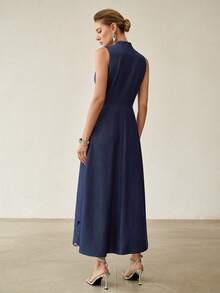 MOTF PREMIUM SPRING/SUMMER ELEGANT V-NECK EMBROIDERED RHINESTONE A-LINE DRESS DINNER DATE NAVY BLUE - Blue - View 3