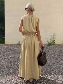 Livesso Women's Summer Sleeveless Top And Loose Skirt 2 Pieces Set - Khaki - View 5