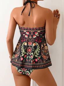 Swim Lushoire Women's Mature Vacation Tankini Tankini Set, 2-Piece Design With Wide Skirt, Print, Metal Gold Conch Shell Shape Trim, Gold Bead Shoulder Straps, 2-Piece Mature Vacation Tankini Tankini - Black - View 2
