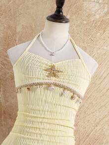 Sparklyn Vestido de cuello halter con decoración de estrellas de mar y conchas para niñas preadolescentes - Albaricoque - Ver 4