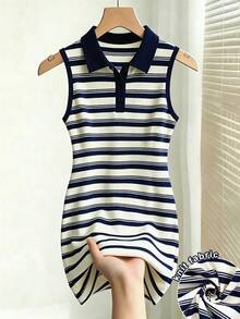 Franclia Preppy Striped Polo Collar Sleeveless Cinched Waist Fitted Short Knit Dress - Multicolor - View 2