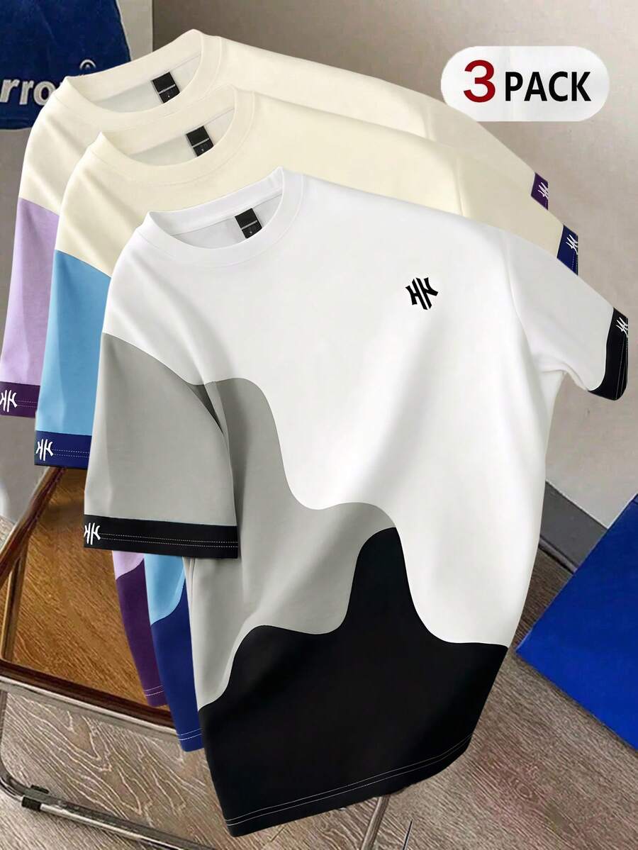 Manfinity Joysei 3 piezas de camisetas de cuello redondo con estampado y manga corta para hombre, vacaciones - Multicolor - View 1