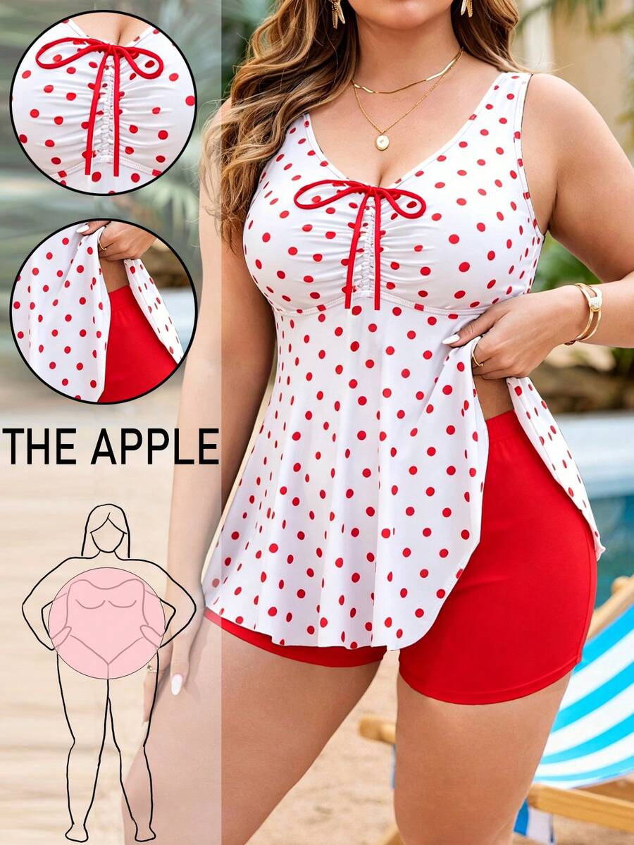 Swim Lushoire Setelan Baju Renang Wanita Ukuran Besar 2 Potong Motif Acak Atasan Tank Top & Bawahan, Tali Serut Depan, Pengontrol Perut, Melangsingkan, Baju Renang Pantai Minimalis untuk Liburan - MultiWarna - View 1