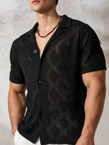 Airaco Men's Summer Holiday Front Button Hollow Knit Shirt - Brown - View 1
