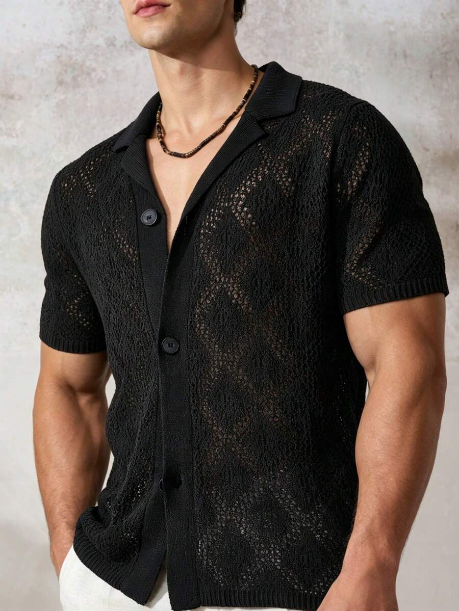 Airaco Men's Summer Holiday Front Button Hollow Knit Shirt - Brown - View 1