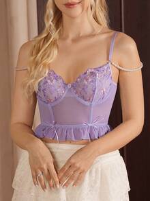 Spicy Aura 1pc Purple Embroidered Mesh Underwire Sexy Bra For Women - Purple - View 3