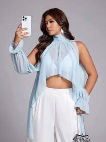 Viva Relle Plus Size Women's Summer Stand Collar Pleated Solid Color Asymmetrical Hem Elegant Sexy Blouse - Blue - View 1