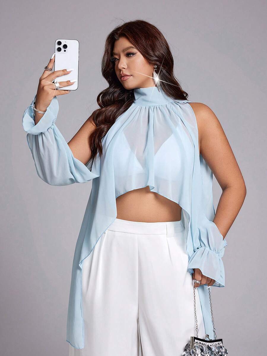 Viva Relle Plus Size Women's Summer Stand Collar Pleated Solid Color Asymmetrical Hem Elegant Sexy Blouse - Blue - View 1